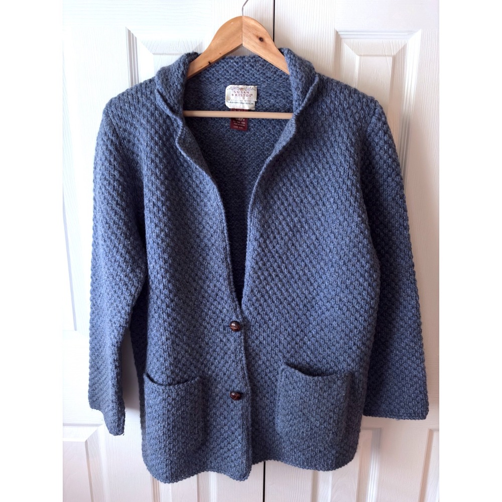 VINTAGE 80's Susan Bristol Blue Wool Moss Stitch Chunky Knit Cardigan Sweater L